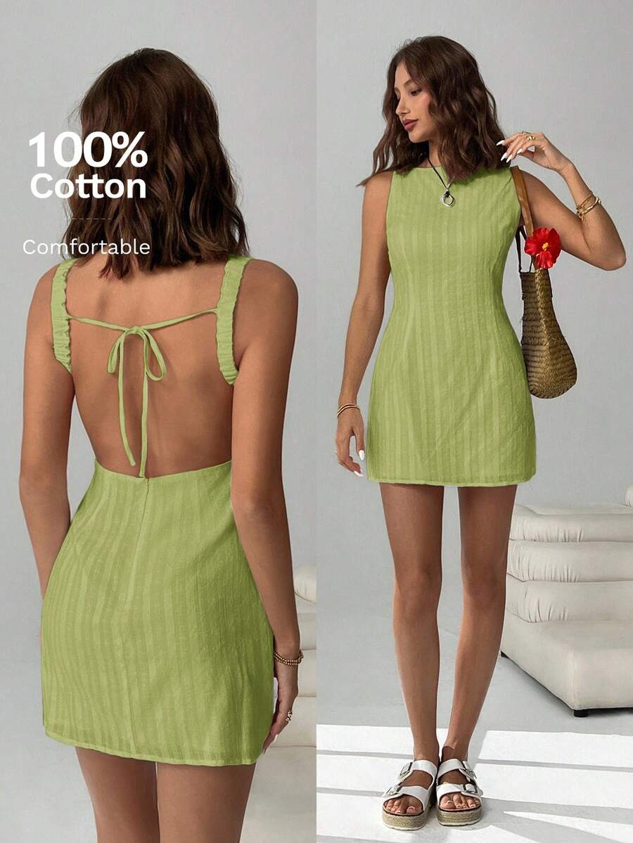 Easelle Women's Solid Color Backless Lace-Up Sleeveless Mini Summer Dress