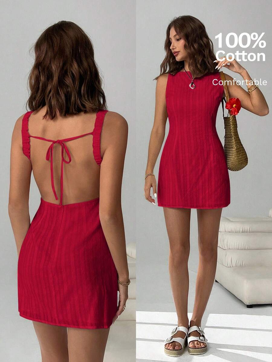 Easelle Women's Solid Color Backless Lace-Up Sleeveless Mini Summer Dress