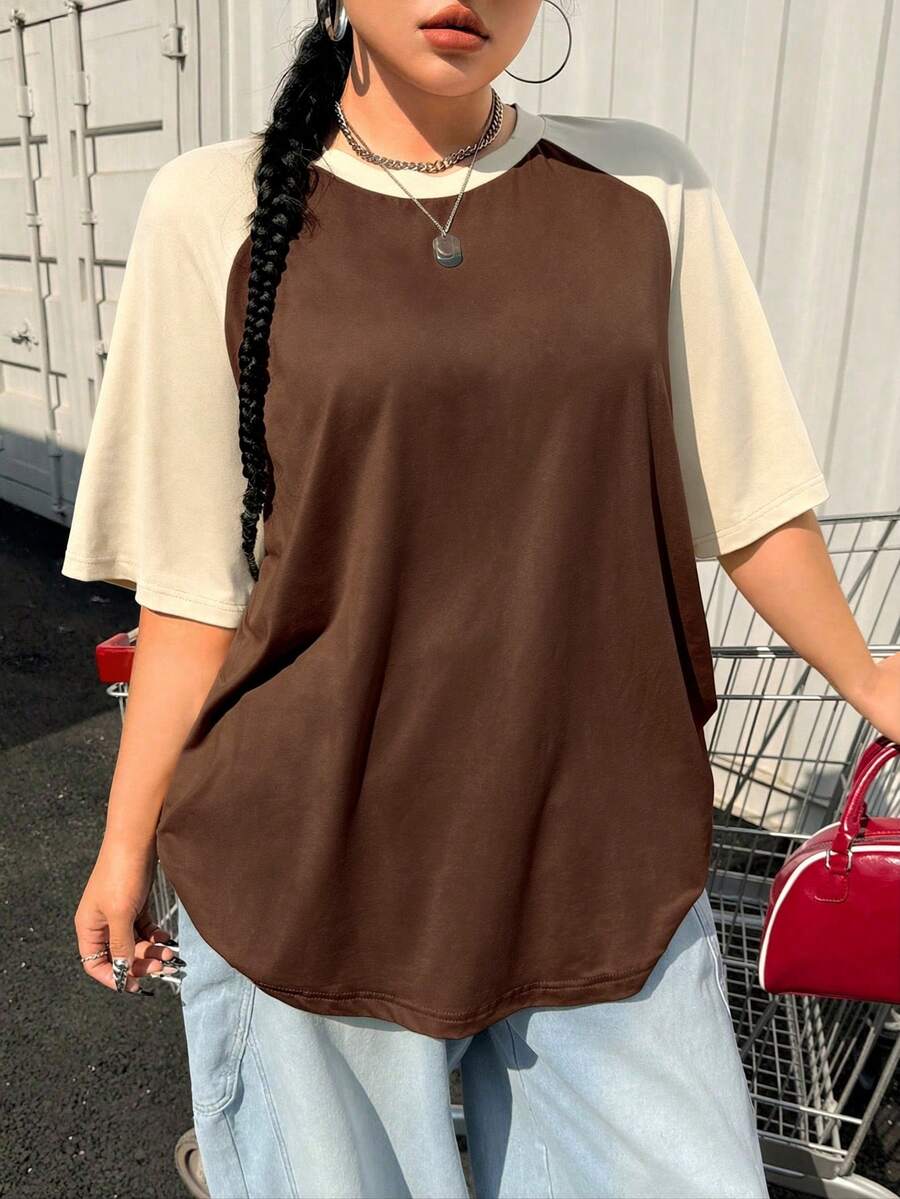 SHEIN EZwear Plus Size Summer Basic Casual Raglan Sleeve Short Sleeve Loose T-Shirt