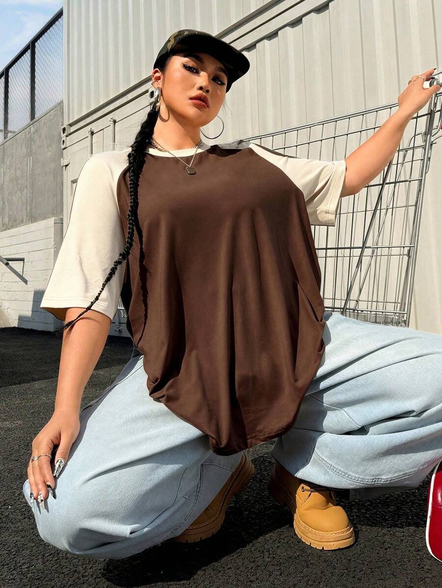 SHEIN EZwear Plus Size Summer Basic Casual Raglan Sleeve Short Sleeve Loose T-Shirt