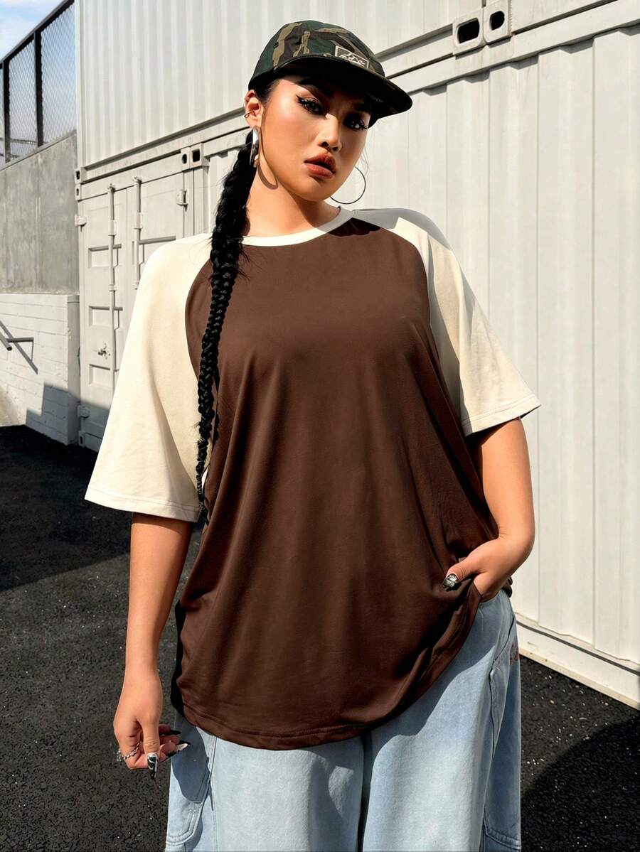 SHEIN EZwear Plus Size Summer Basic Casual Raglan Sleeve Short Sleeve Loose T-Shirt