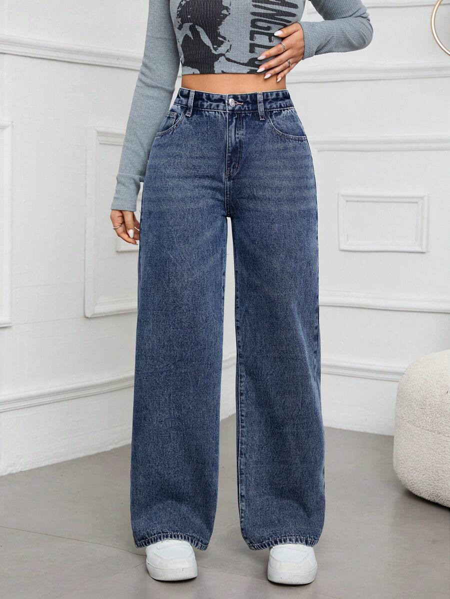 SHEIN ICON Casual Relaxed-Fit High-Waist Straight Leg Denim Jeans