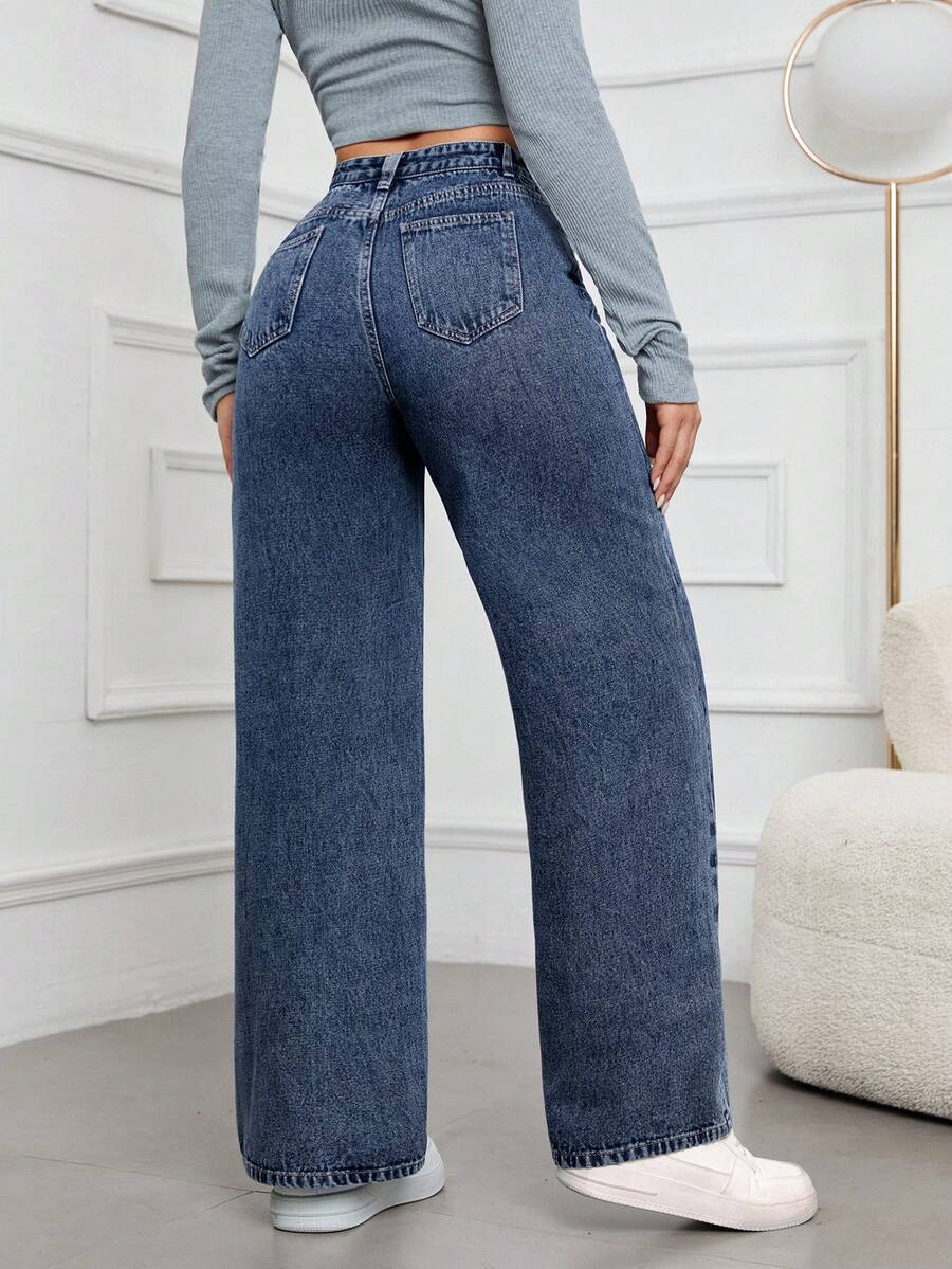 SHEIN ICON Casual Relaxed-Fit High-Waist Straight Leg Denim Jeans