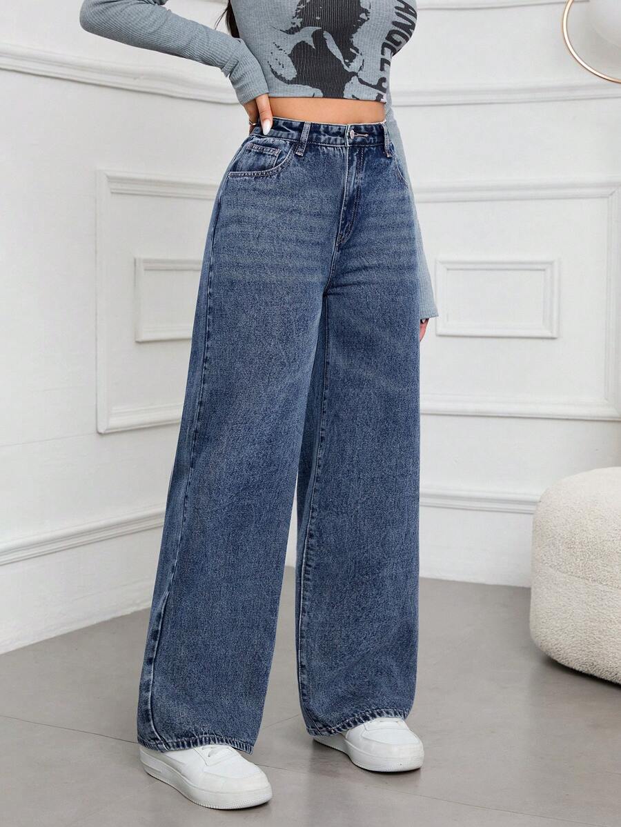 SHEIN ICON Casual Relaxed-Fit High-Waist Straight Leg Denim Jeans