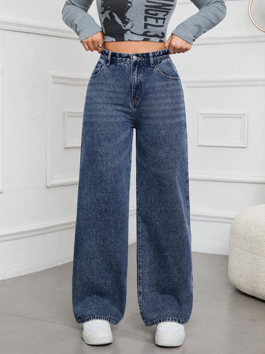 SHEIN ICON Casual Relaxed-Fit High-Waist Straight Leg Denim Jeans