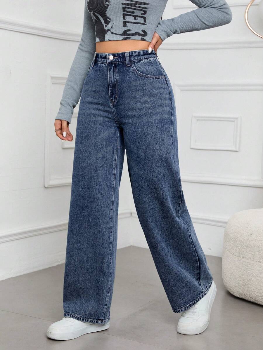 SHEIN ICON Casual Relaxed-Fit High-Waist Straight Leg Denim Jeans