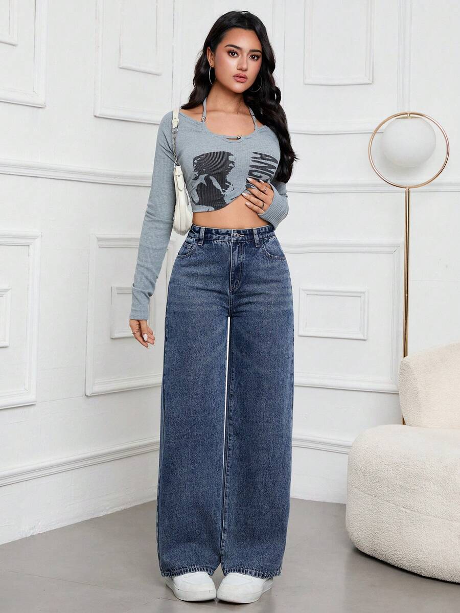 SHEIN ICON Casual Relaxed-Fit High-Waist Straight Leg Denim Jeans