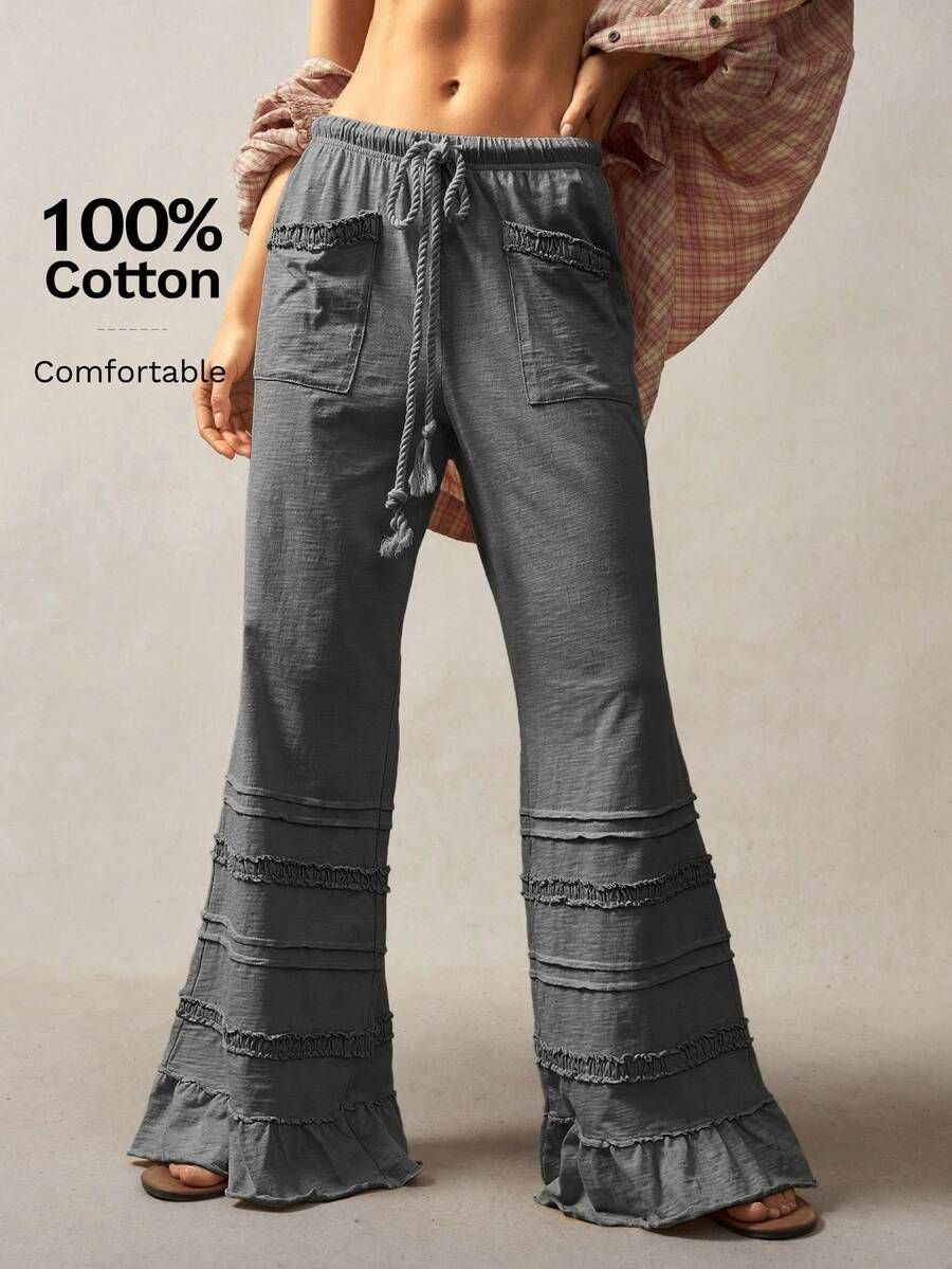 Bohemela Bohemian Style Solid Color High Waist Flare Leg Knit Pants, Spring/Summer Flare Leg Pants Bell Bottom Pants Tiered Ruffle Pants Ruffle Hem Pants,Fall Clothes For Women