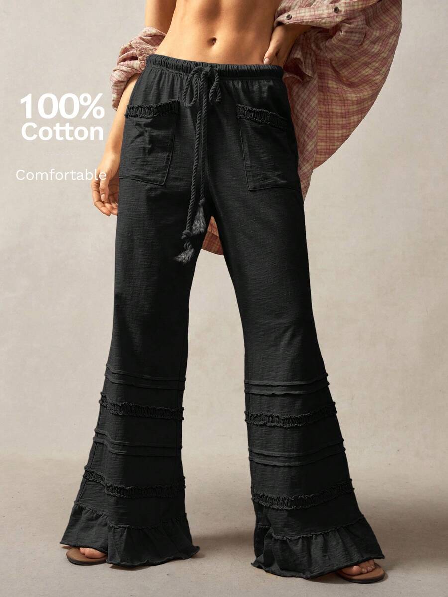 Bohemela Bohemian Style Solid Color High Waist Flare Leg Knit Pants, Spring/Summer Flare Leg Pants Bell Bottom Pants Tiered Ruffle Pants Ruffle Hem Pants,Fall Clothes For Women