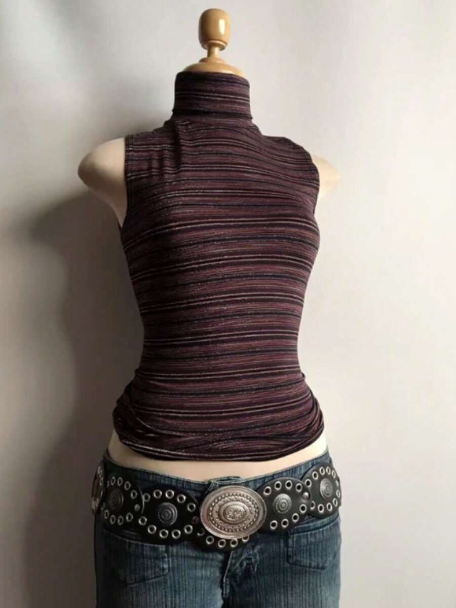 Women's Sleeveless Striped Print Turtleneck Top
