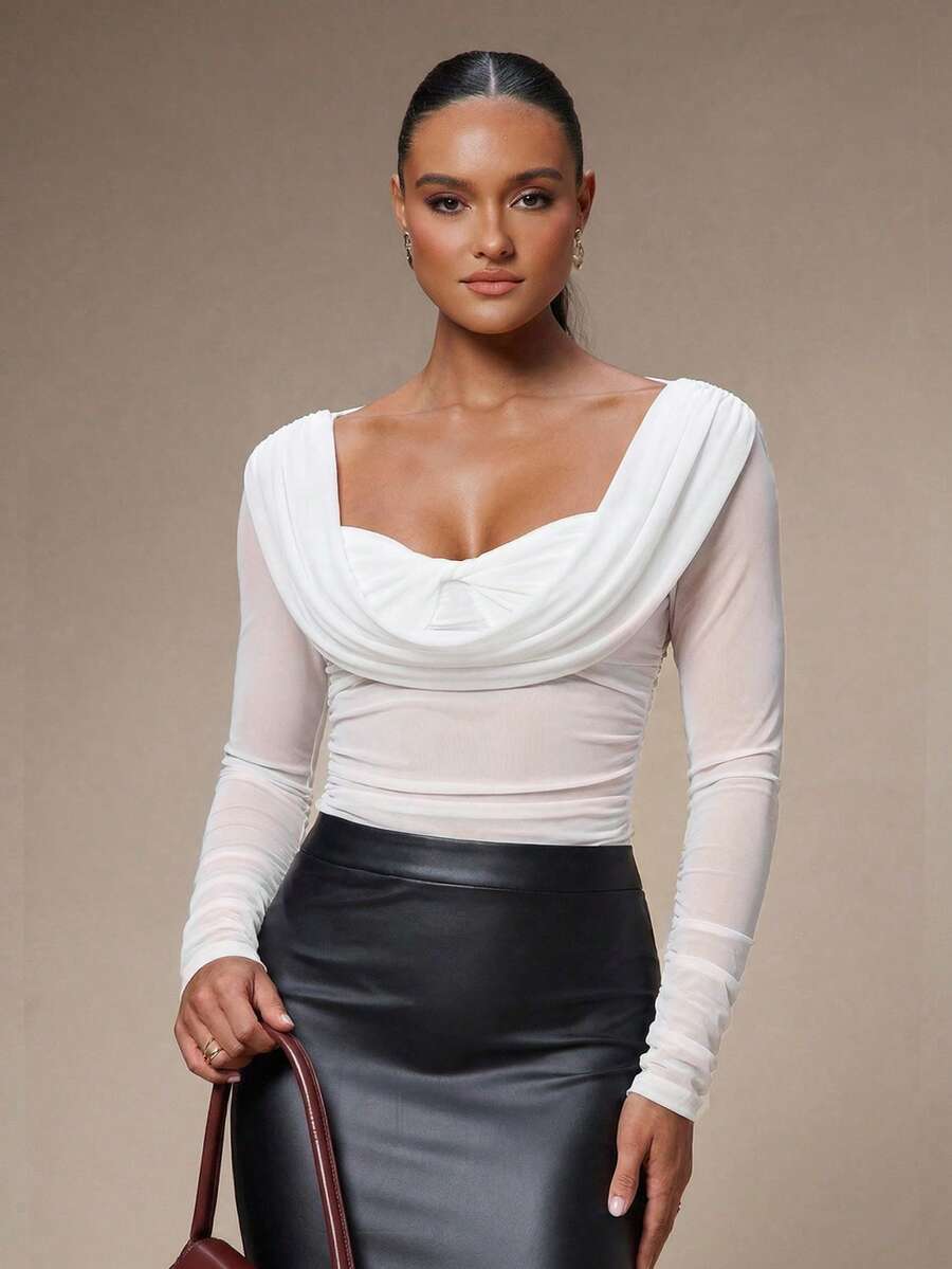 Silquee Women's Solid Color Plunging Neck Long Sleeve Fitted Fashionable Mesh Blouse See Through Top Mesh Top Top Long Sleeve Top