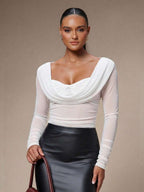 Silquee Women's Solid Color Plunging Neck Long Sleeve Fitted Fashionable Mesh Blouse See Through Top Mesh Top Top Long Sleeve Top