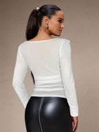 Silquee Women's Solid Color Plunging Neck Long Sleeve Fitted Fashionable Mesh Blouse See Through Top Mesh Top Top Long Sleeve Top