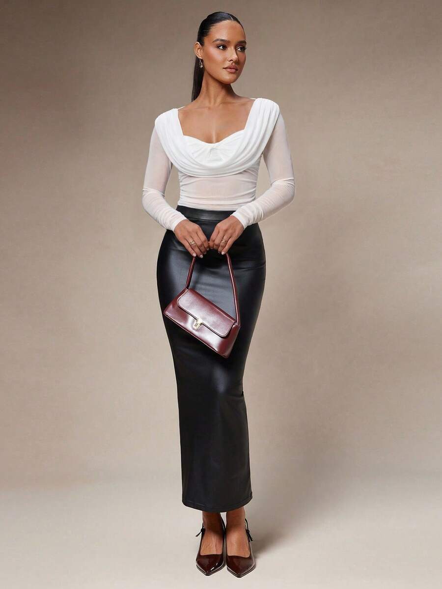 Silquee Women's Solid Color Plunging Neck Long Sleeve Fitted Fashionable Mesh Blouse See Through Top Mesh Top Top Long Sleeve Top