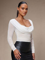 Silquee Women's Solid Color Plunging Neck Long Sleeve Fitted Fashionable Mesh Blouse See Through Top Mesh Top Top Long Sleeve Top