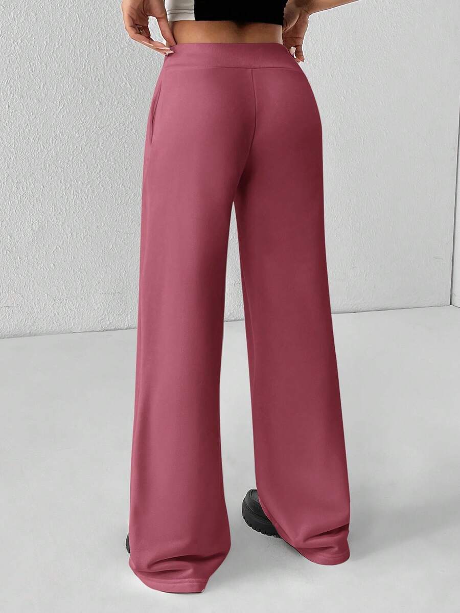 SHEIN PETITE Comfortable And Casual Plain Knitted Low-Rise Wide-Leg Women's Sweatpants Baggy