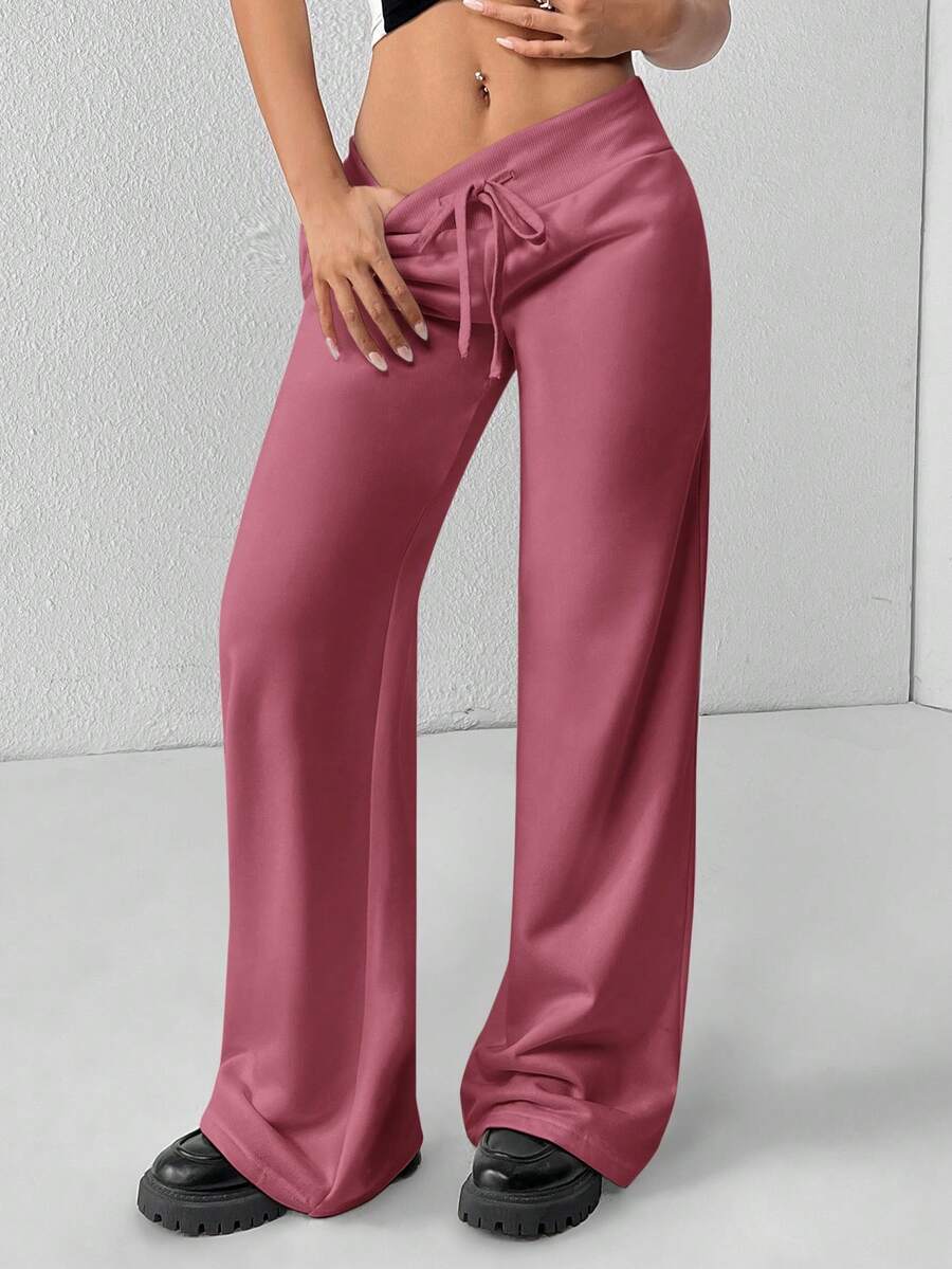 SHEIN PETITE Comfortable And Casual Plain Knitted Low-Rise Wide-Leg Women's Sweatpants Baggy