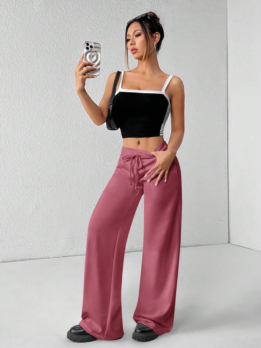 SHEIN PETITE Comfortable And Casual Plain Knitted Low-Rise Wide-Leg Women's Sweatpants Baggy