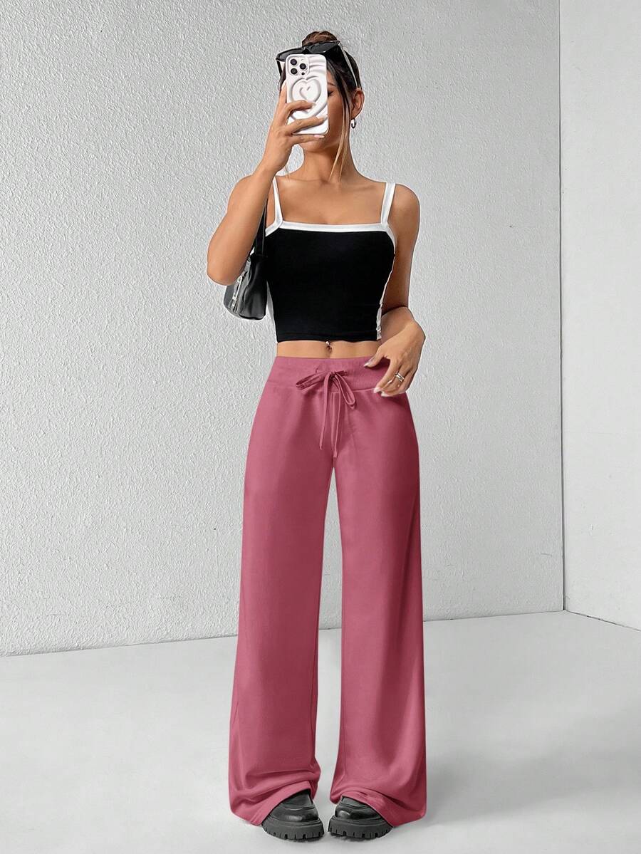 SHEIN PETITE Comfortable And Casual Plain Knitted Low-Rise Wide-Leg Women's Sweatpants Baggy