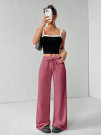SHEIN PETITE Comfortable And Casual Plain Knitted Low-Rise Wide-Leg Women's Sweatpants Baggy