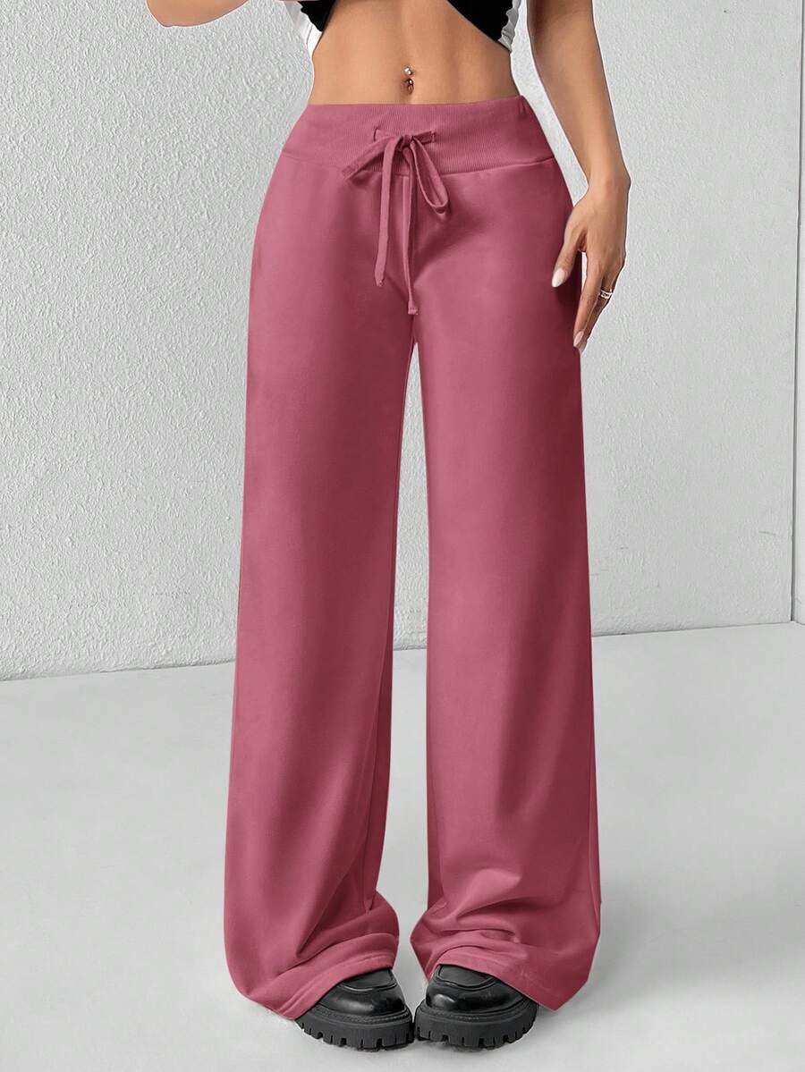 SHEIN PETITE Comfortable And Casual Plain Knitted Low-Rise Wide-Leg Women's Sweatpants Baggy