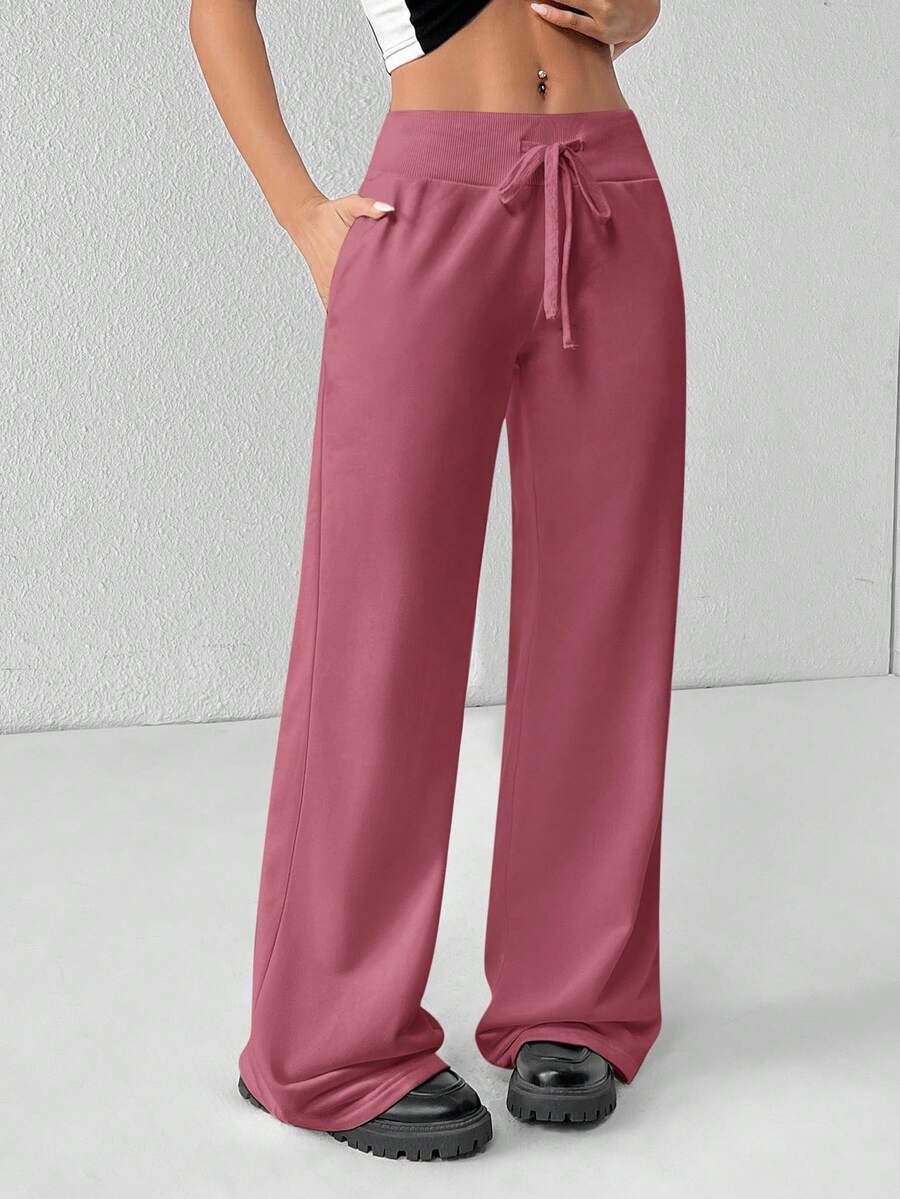 SHEIN PETITE Comfortable And Casual Plain Knitted Low-Rise Wide-Leg Women's Sweatpants Baggy