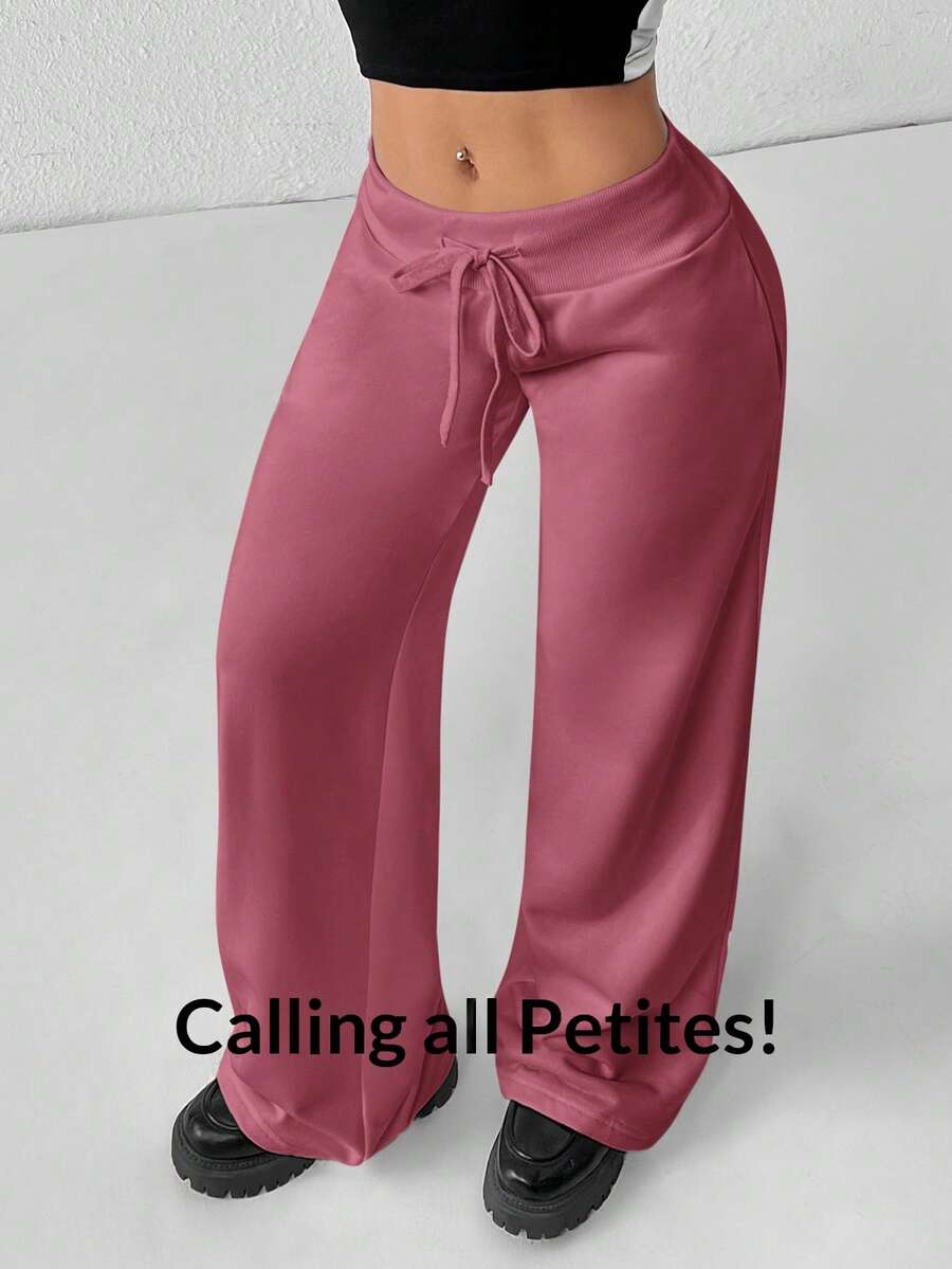 SHEIN PETITE Comfortable And Casual Plain Knitted Low-Rise Wide-Leg Women's Sweatpants Baggy