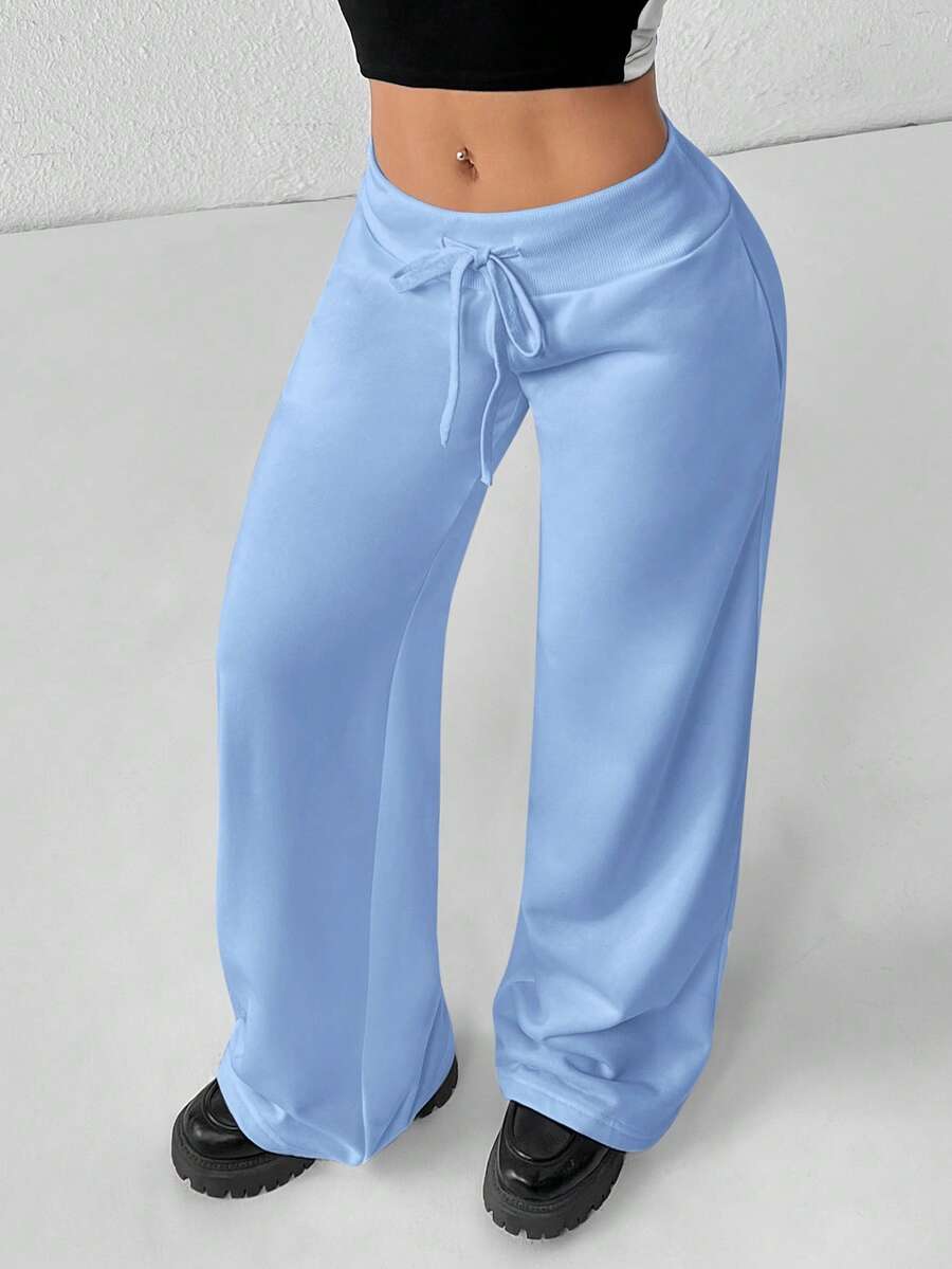 SHEIN PETITE Comfortable And Casual Plain Knitted Low-Rise Wide-Leg Women's Sweatpants Baggy
