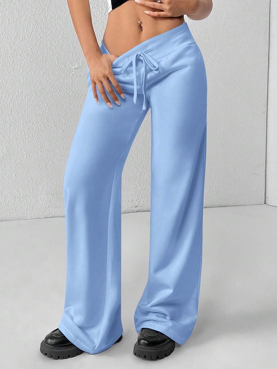 SHEIN PETITE Comfortable And Casual Plain Knitted Low-Rise Wide-Leg Women's Sweatpants Baggy