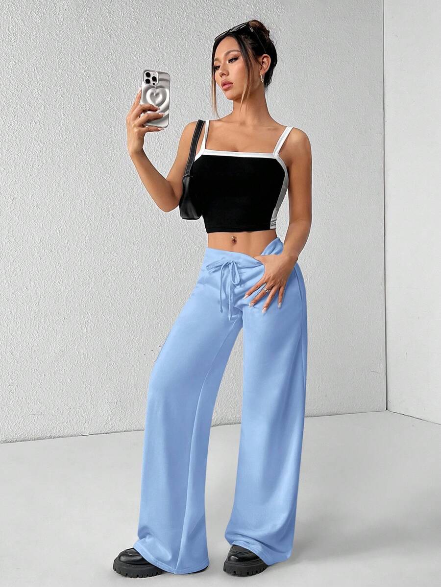 SHEIN PETITE Comfortable And Casual Plain Knitted Low-Rise Wide-Leg Women's Sweatpants Baggy
