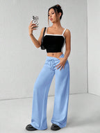SHEIN PETITE Comfortable And Casual Plain Knitted Low-Rise Wide-Leg Women's Sweatpants Baggy