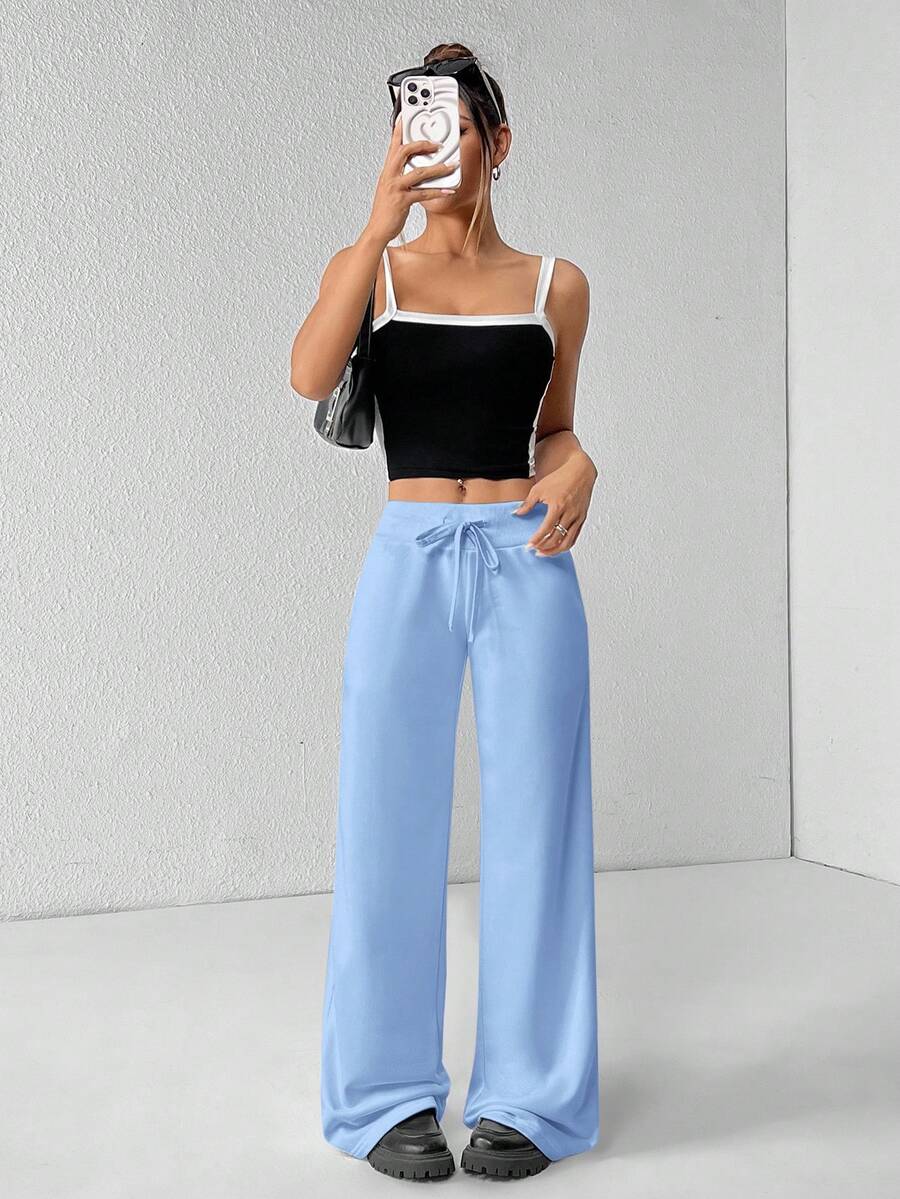 SHEIN PETITE Comfortable And Casual Plain Knitted Low-Rise Wide-Leg Women's Sweatpants Baggy