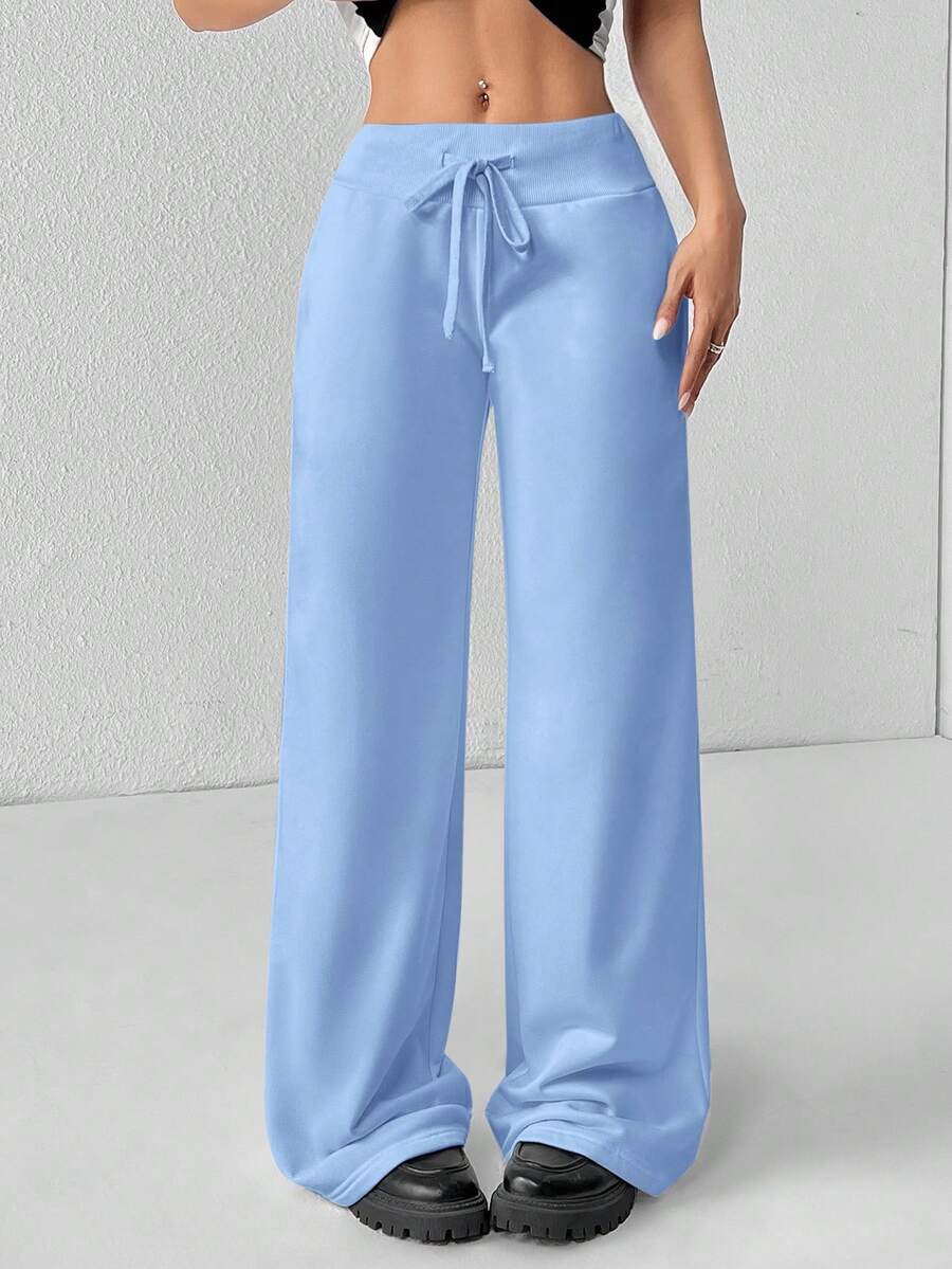 SHEIN PETITE Comfortable And Casual Plain Knitted Low-Rise Wide-Leg Women's Sweatpants Baggy
