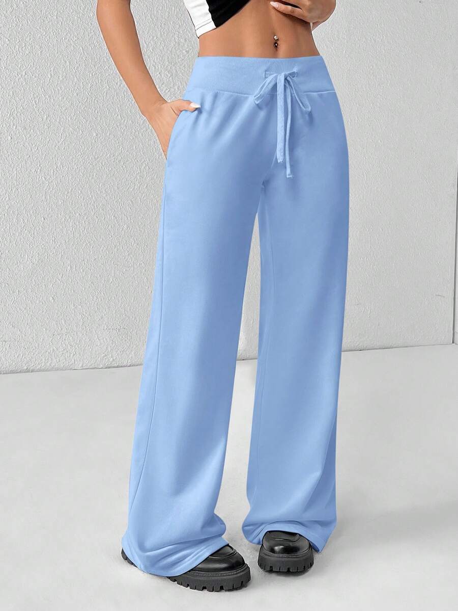 SHEIN PETITE Comfortable And Casual Plain Knitted Low-Rise Wide-Leg Women's Sweatpants Baggy