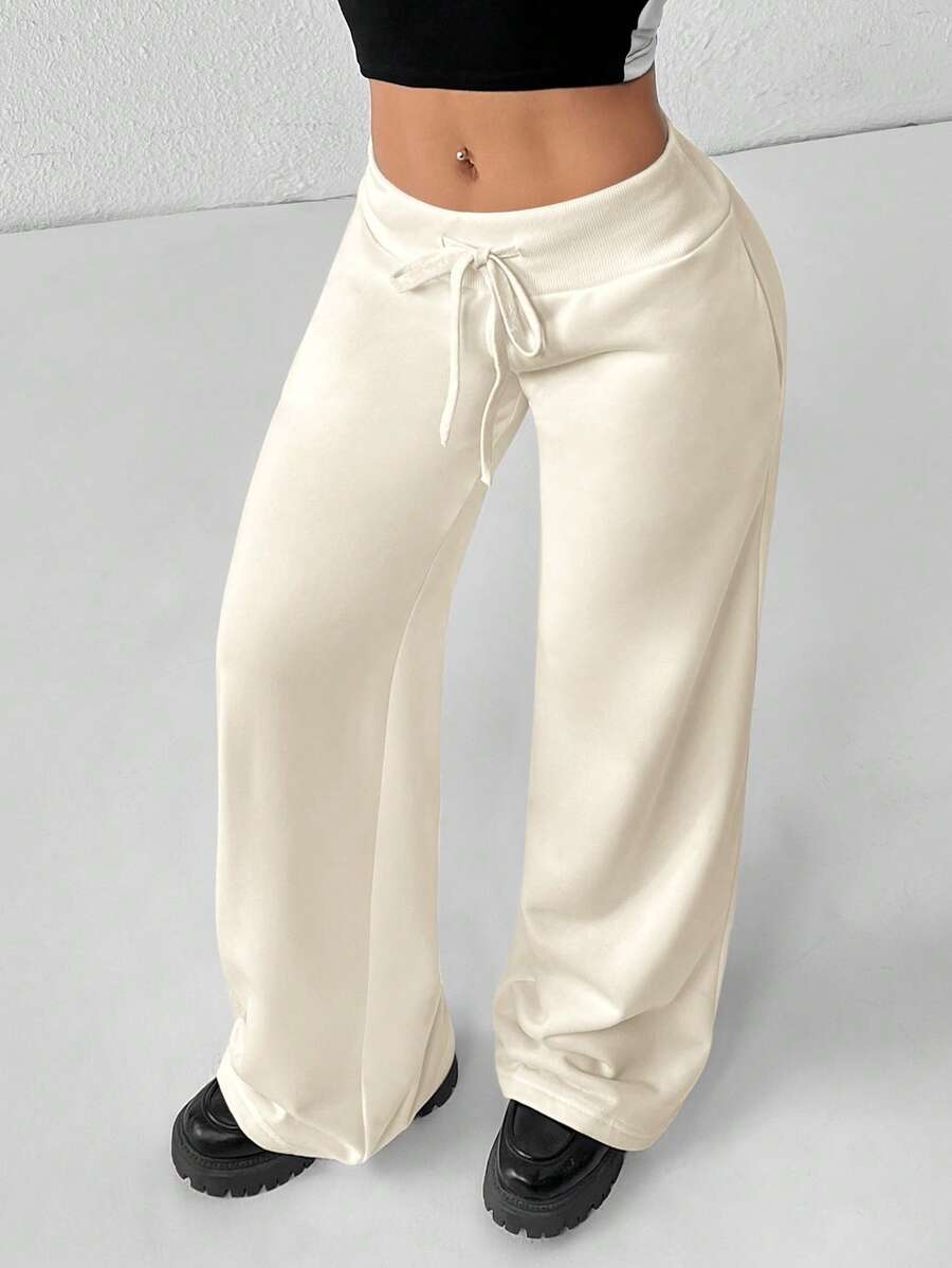 SHEIN PETITE Comfortable And Casual Plain Knitted Low-Rise Wide-Leg Women's Sweatpants Baggy