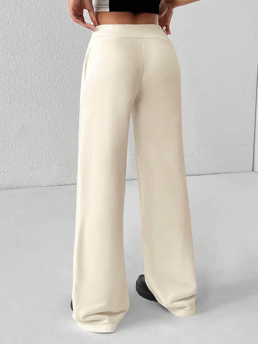 SHEIN PETITE Comfortable And Casual Plain Knitted Low-Rise Wide-Leg Women's Sweatpants Baggy