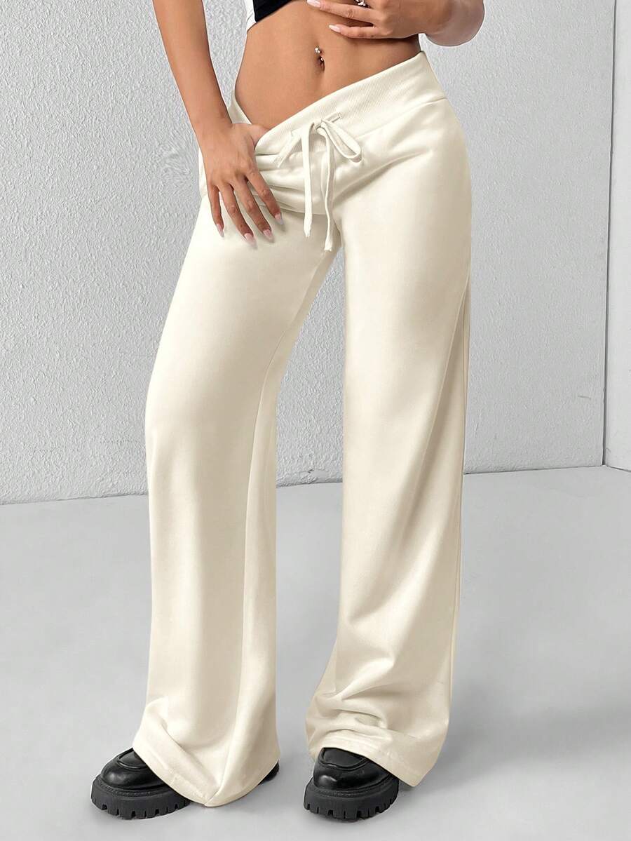 SHEIN PETITE Comfortable And Casual Plain Knitted Low-Rise Wide-Leg Women's Sweatpants Baggy