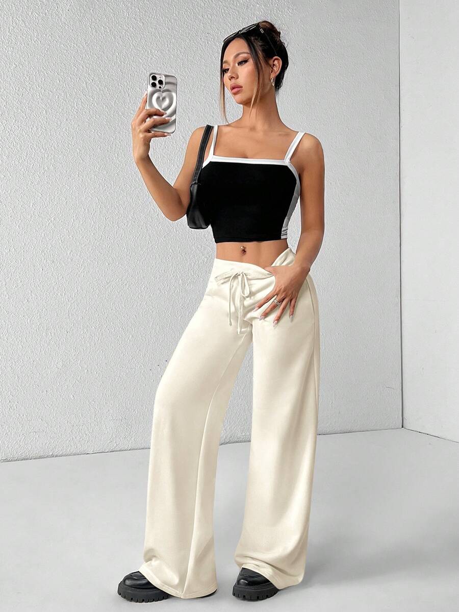 SHEIN PETITE Comfortable And Casual Plain Knitted Low-Rise Wide-Leg Women's Sweatpants Baggy