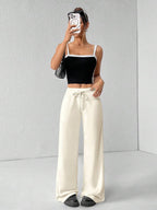 SHEIN PETITE Comfortable And Casual Plain Knitted Low-Rise Wide-Leg Women's Sweatpants Baggy