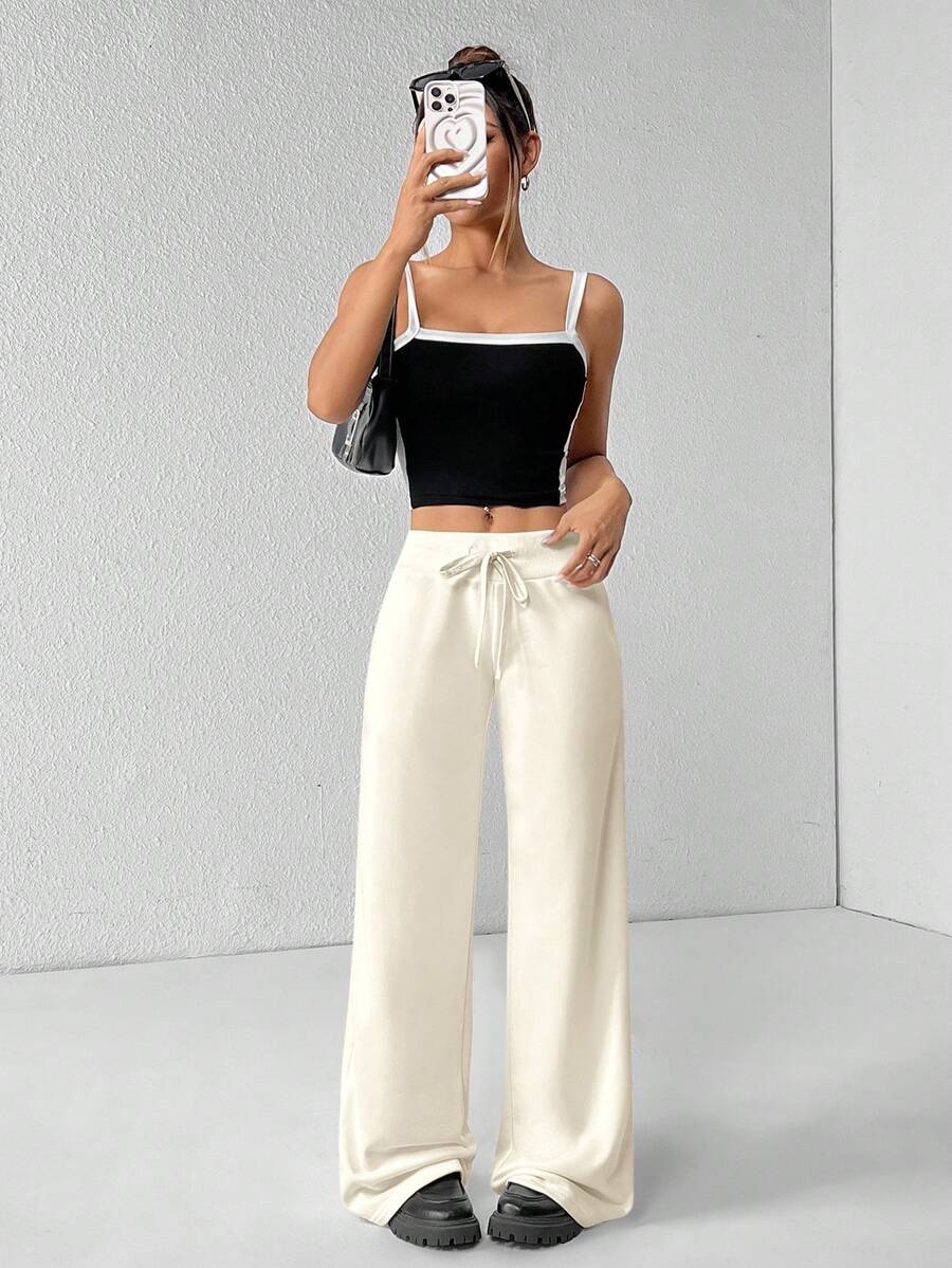 SHEIN PETITE Comfortable And Casual Plain Knitted Low-Rise Wide-Leg Women's Sweatpants Baggy