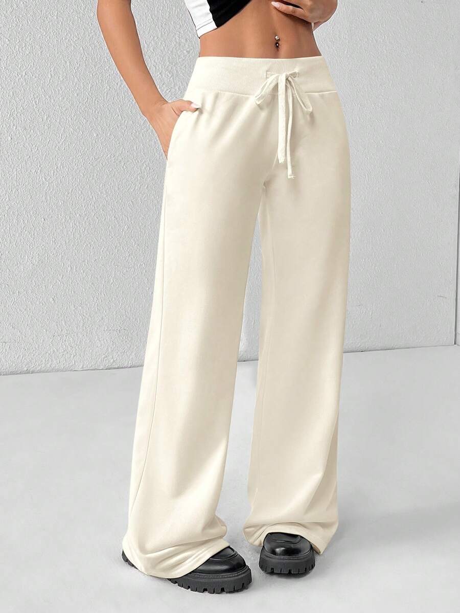SHEIN PETITE Comfortable And Casual Plain Knitted Low-Rise Wide-Leg Women's Sweatpants Baggy