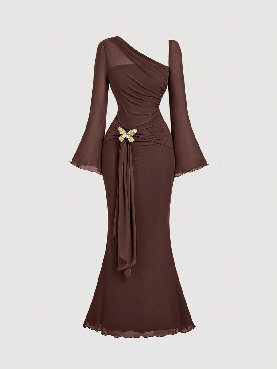 SHEIN MOD Women's Metallic Butterfly Ombre Abstract Floral Bell Sleeve Dress, Brown Elegant Women Dress, Brown Long Dress, Earth Tone Dress, Unique Dress,Elegant,Luxury,Party Dress,Dresses For Women Elegant