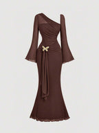 SHEIN MOD Women's Metallic Butterfly Ombre Abstract Floral Bell Sleeve Dress, Brown Elegant Women Dress, Brown Long Dress, Earth Tone Dress, Unique Dress,Elegant,Luxury,Party Dress,Dresses For Women Elegant