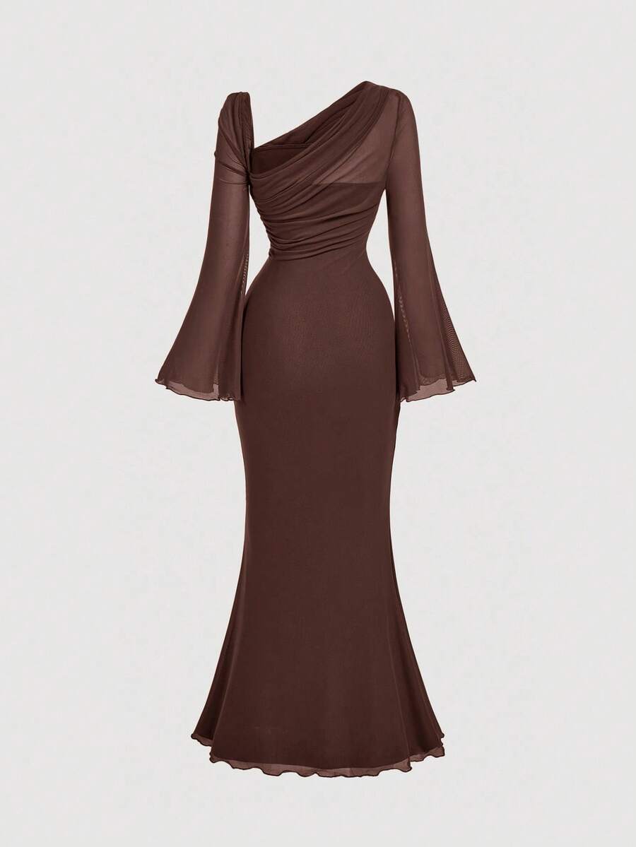 SHEIN MOD Women's Metallic Butterfly Ombre Abstract Floral Bell Sleeve Dress, Brown Elegant Women Dress, Brown Long Dress, Earth Tone Dress, Unique Dress,Elegant,Luxury,Party Dress,Dresses For Women Elegant