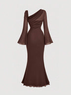 SHEIN MOD Women's Metallic Butterfly Ombre Abstract Floral Bell Sleeve Dress, Brown Elegant Women Dress, Brown Long Dress, Earth Tone Dress, Unique Dress,Elegant,Luxury,Party Dress,Dresses For Women Elegant