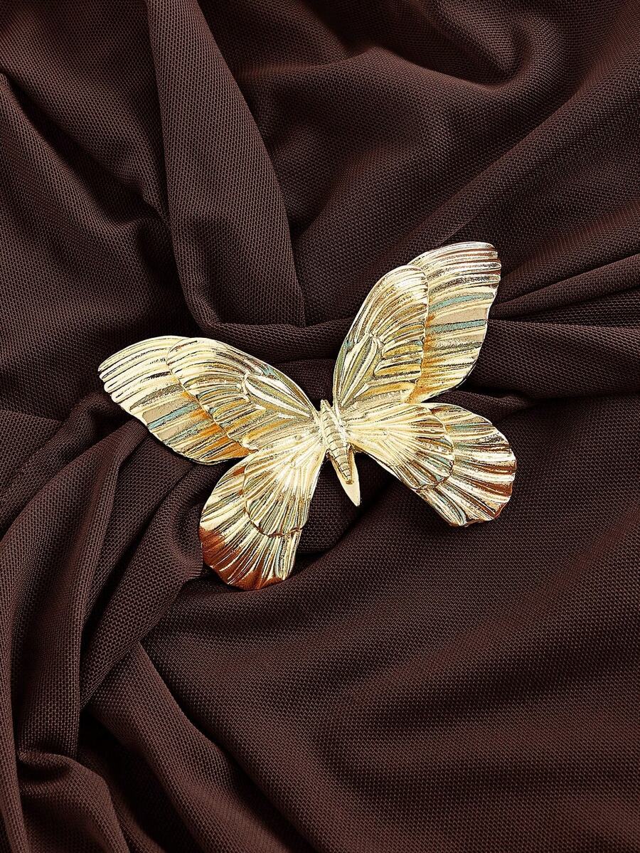 SHEIN MOD Women's Metallic Butterfly Ombre Abstract Floral Bell Sleeve Dress, Brown Elegant Women Dress, Brown Long Dress, Earth Tone Dress, Unique Dress,Elegant,Luxury,Party Dress,Dresses For Women Elegant