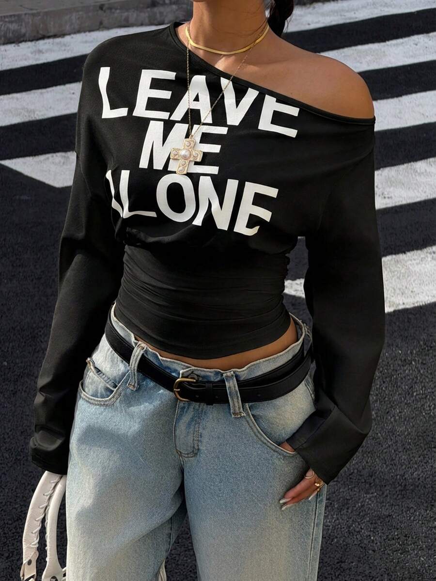 Muchica Women's White Letter Print Oblique Shoulder Cinched Waist Cropped Long Sleeve T-Shirt For Going Out Outfits, Streetwear, Y2K Clothes