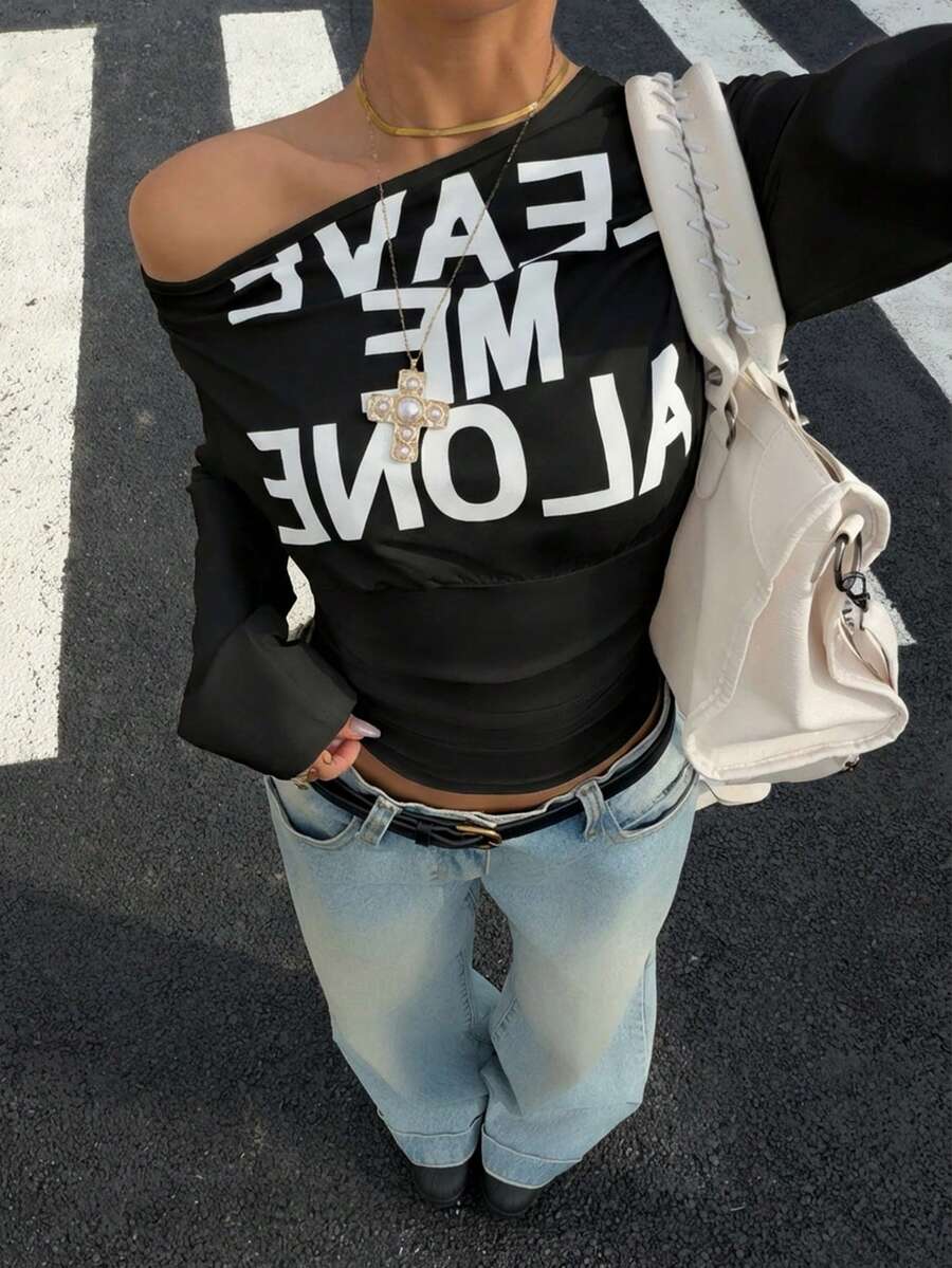 Muchica Women's White Letter Print Oblique Shoulder Cinched Waist Cropped Long Sleeve T-Shirt For Going Out Outfits, Streetwear, Y2K Clothes