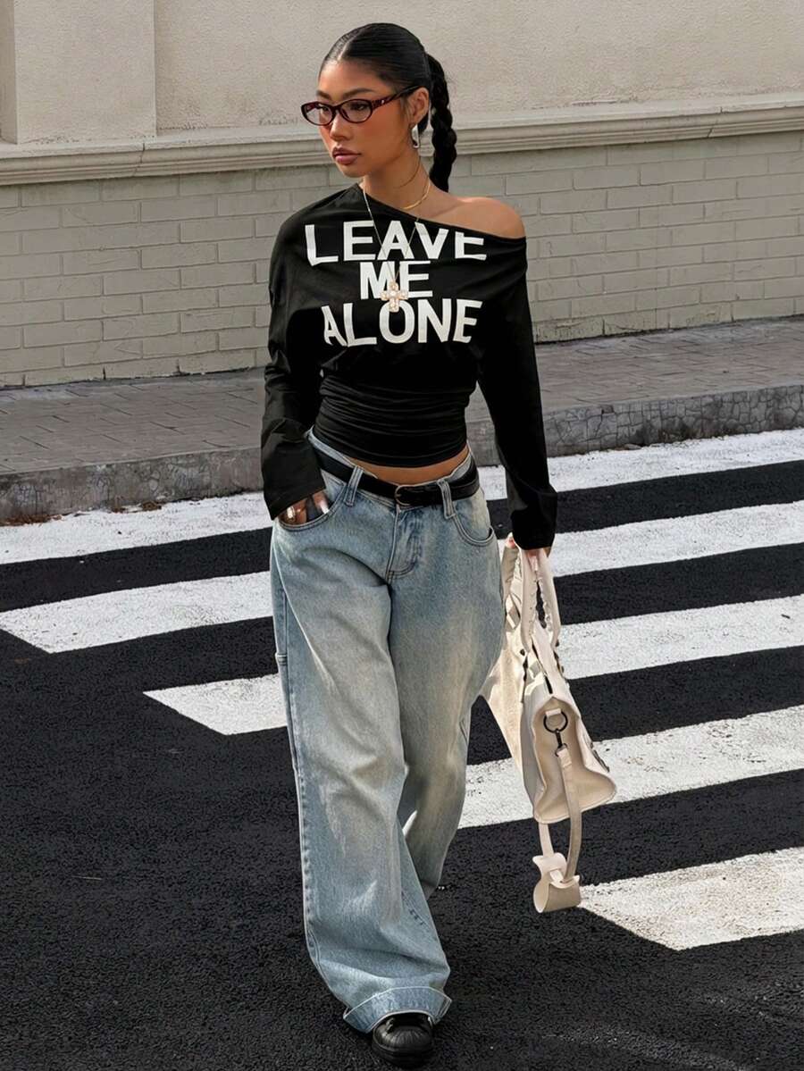 Muchica Women's White Letter Print Oblique Shoulder Cinched Waist Cropped Long Sleeve T-Shirt For Going Out Outfits, Streetwear, Y2K Clothes