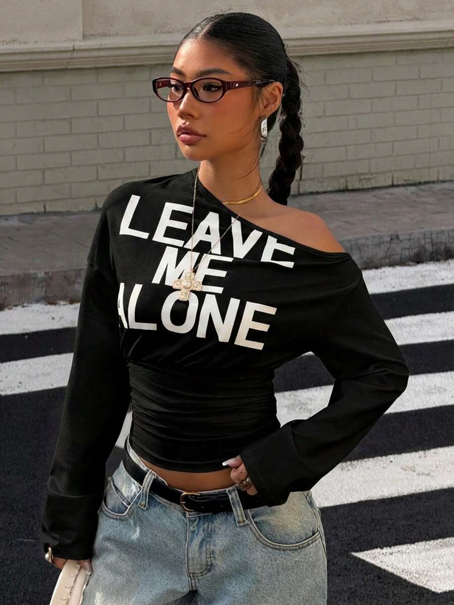 Muchica Women's White Letter Print Oblique Shoulder Cinched Waist Cropped Long Sleeve T-Shirt For Going Out Outfits, Streetwear, Y2K Clothes